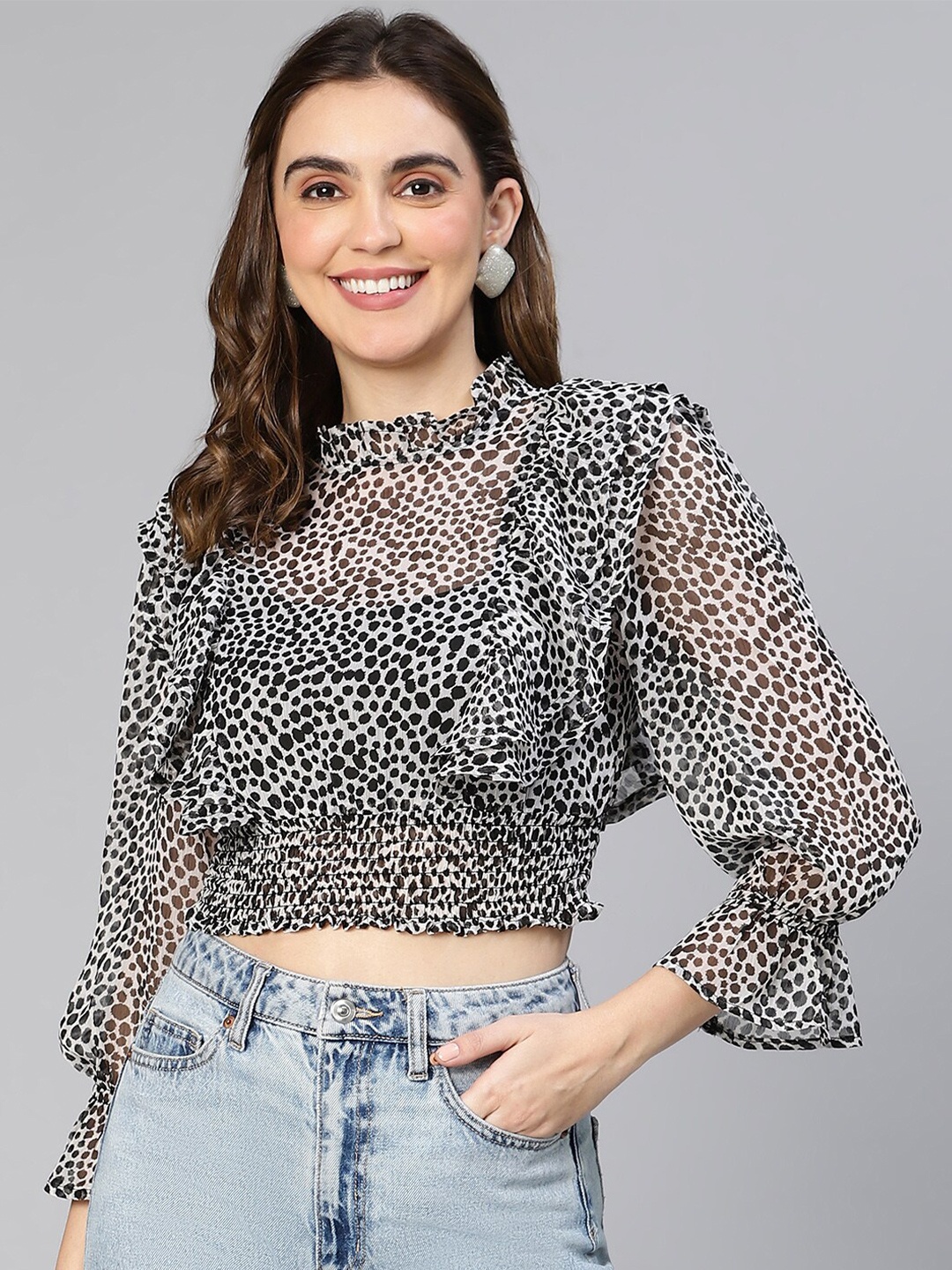 

Oxolloxo Abstract Dots Print Smocked & Ruffled Detail Georgette Blouson Crop Top, Black