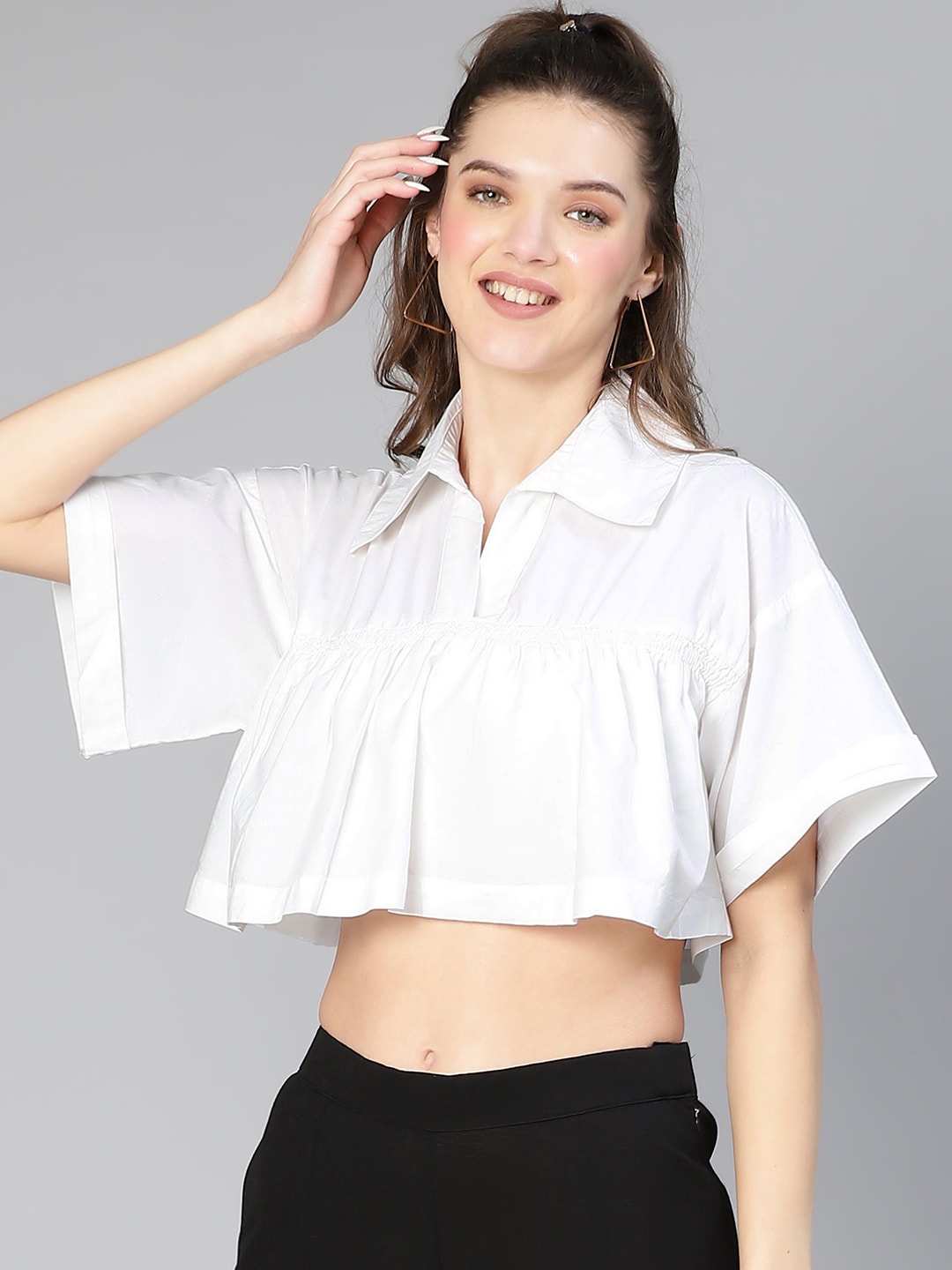 

Oxolloxo Pure Cotton Boxy Crop Top With Gathered & Pleated Detail, White