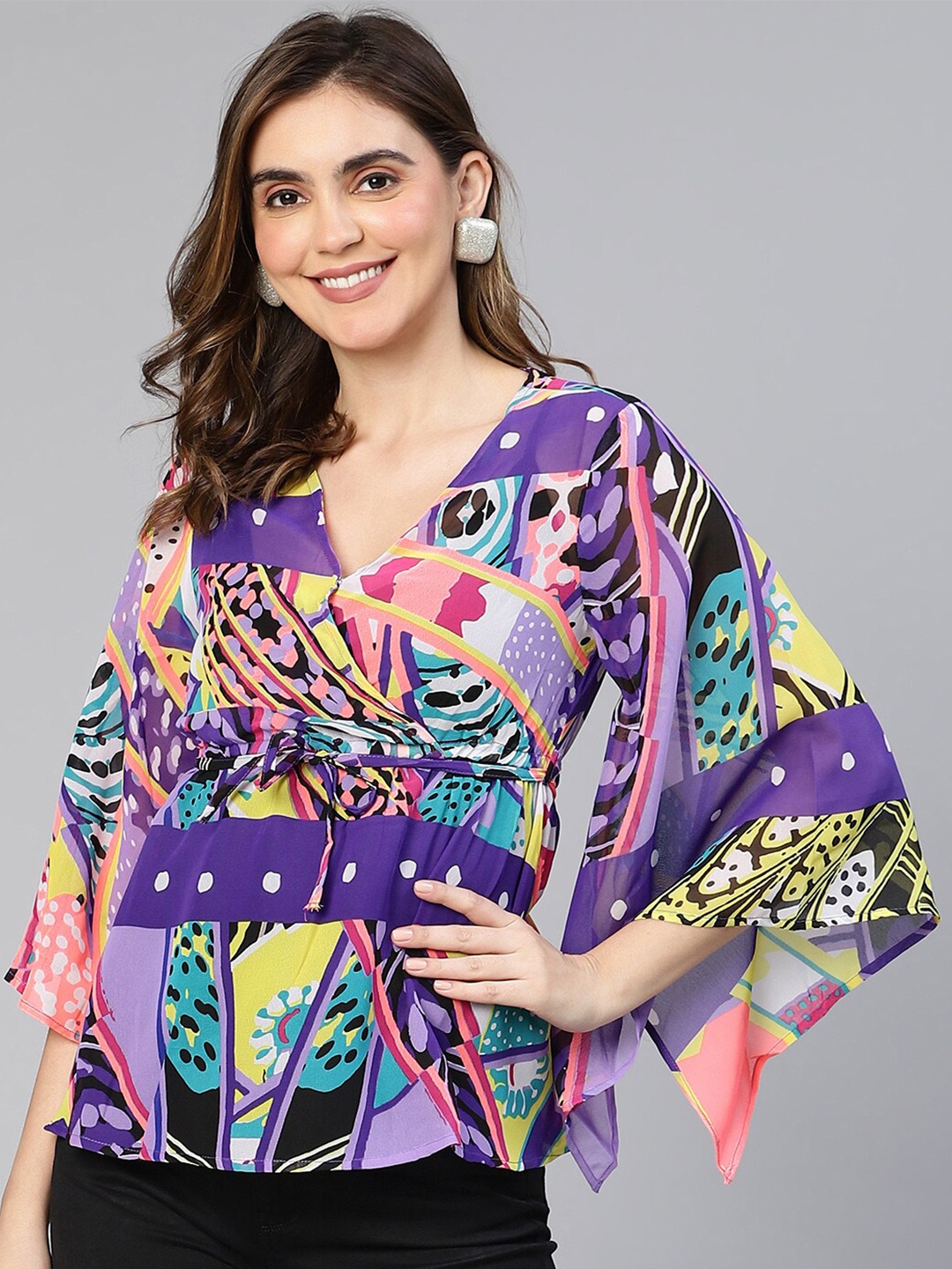 

Oxolloxo Abstract Printed Flared Sleeve Wrap Tie-Knot Top, Blue