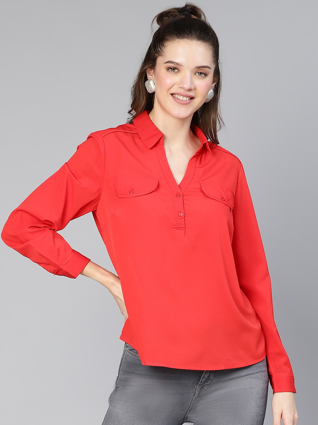 

Oxolloxo Crepe Pocket Detail Shirt Style Top, Red