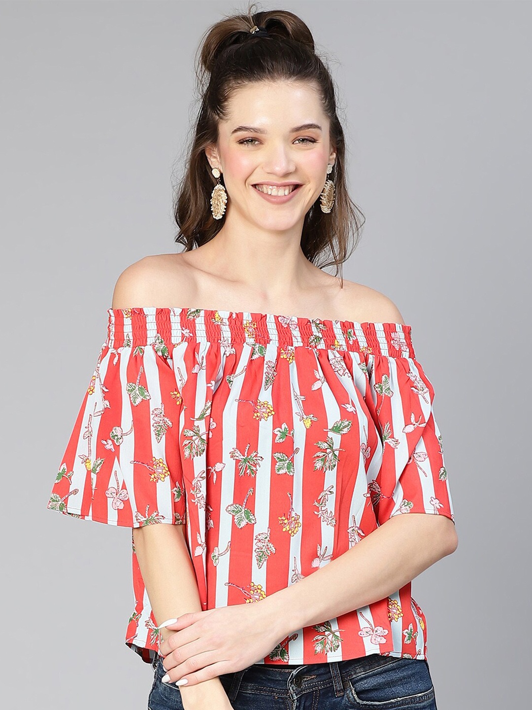 

Oxolloxo Floral Print Off-Shoulder Flared Sleeve Crepe Bardot Top, Red