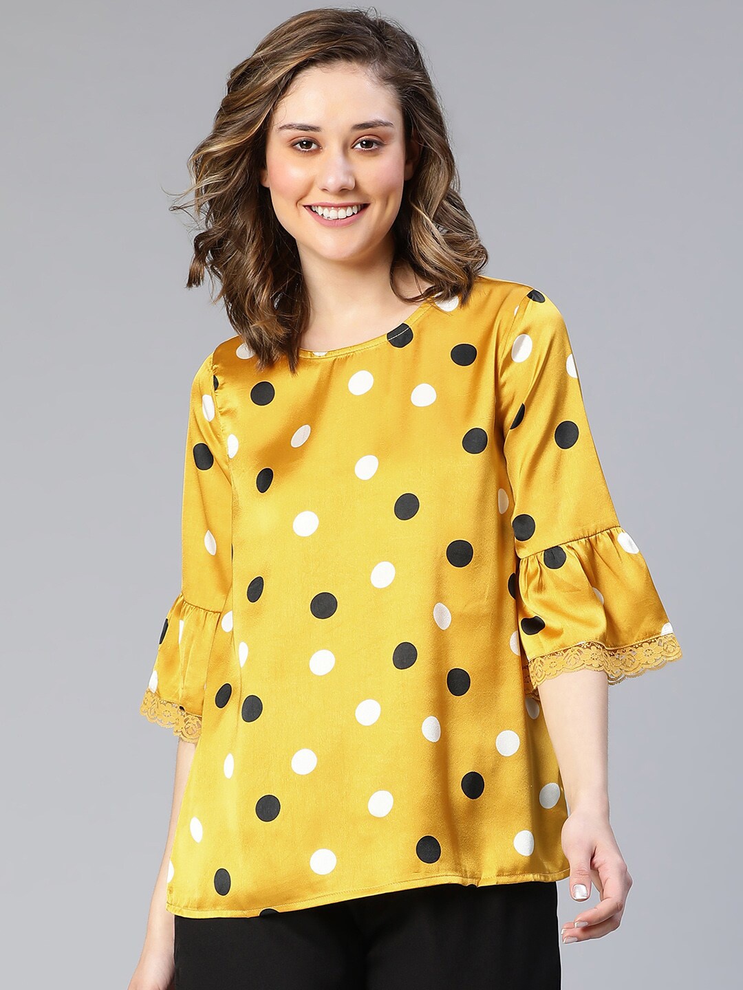 

Oxolloxo Polka Dot Print Bell Sleeve Round Neck Satin Top, Yellow