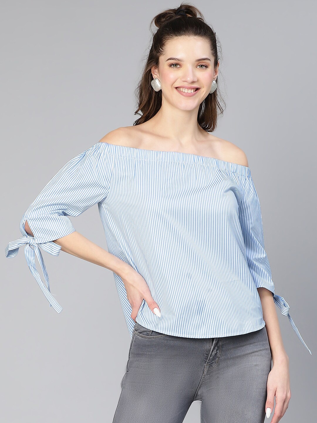

Oxolloxo Blue Striped Off-Shoulder Cotton Bardot Top