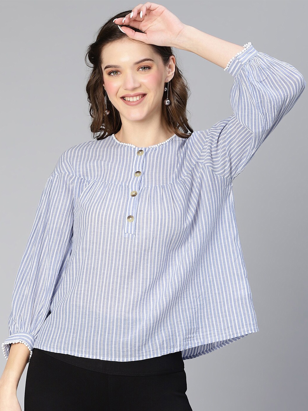 

Oxolloxo Striped Pure Cotton A-Line Top, Blue