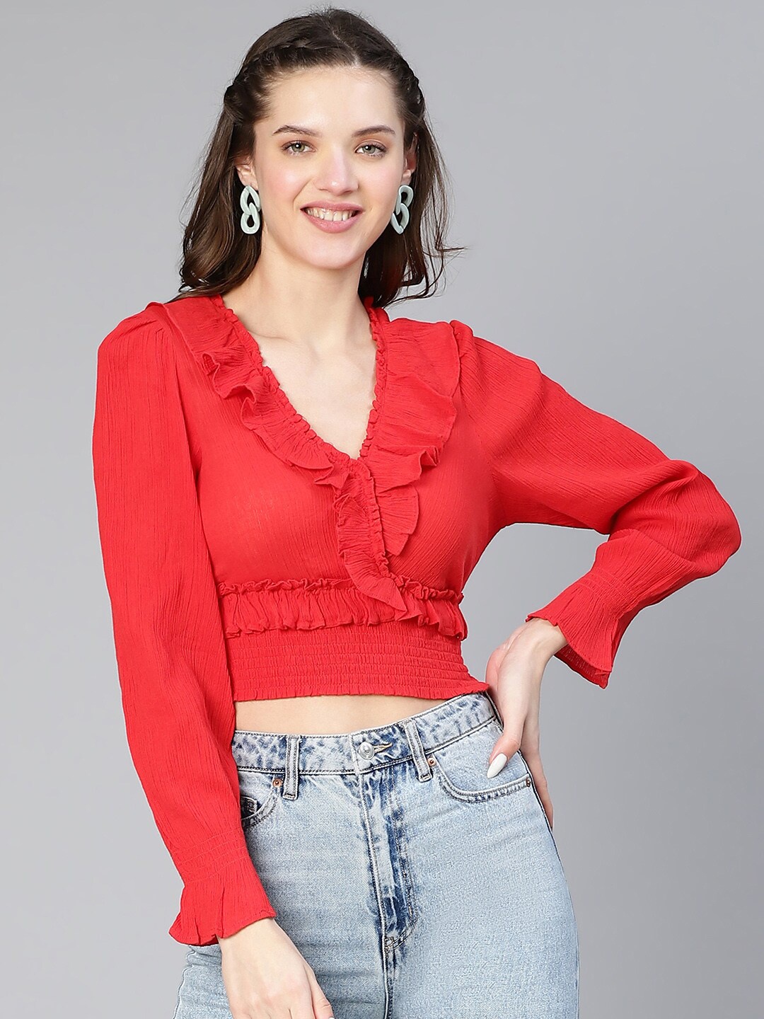

Oxolloxo Ruffled & Smocked Crepe Wrap Crop Top, Red