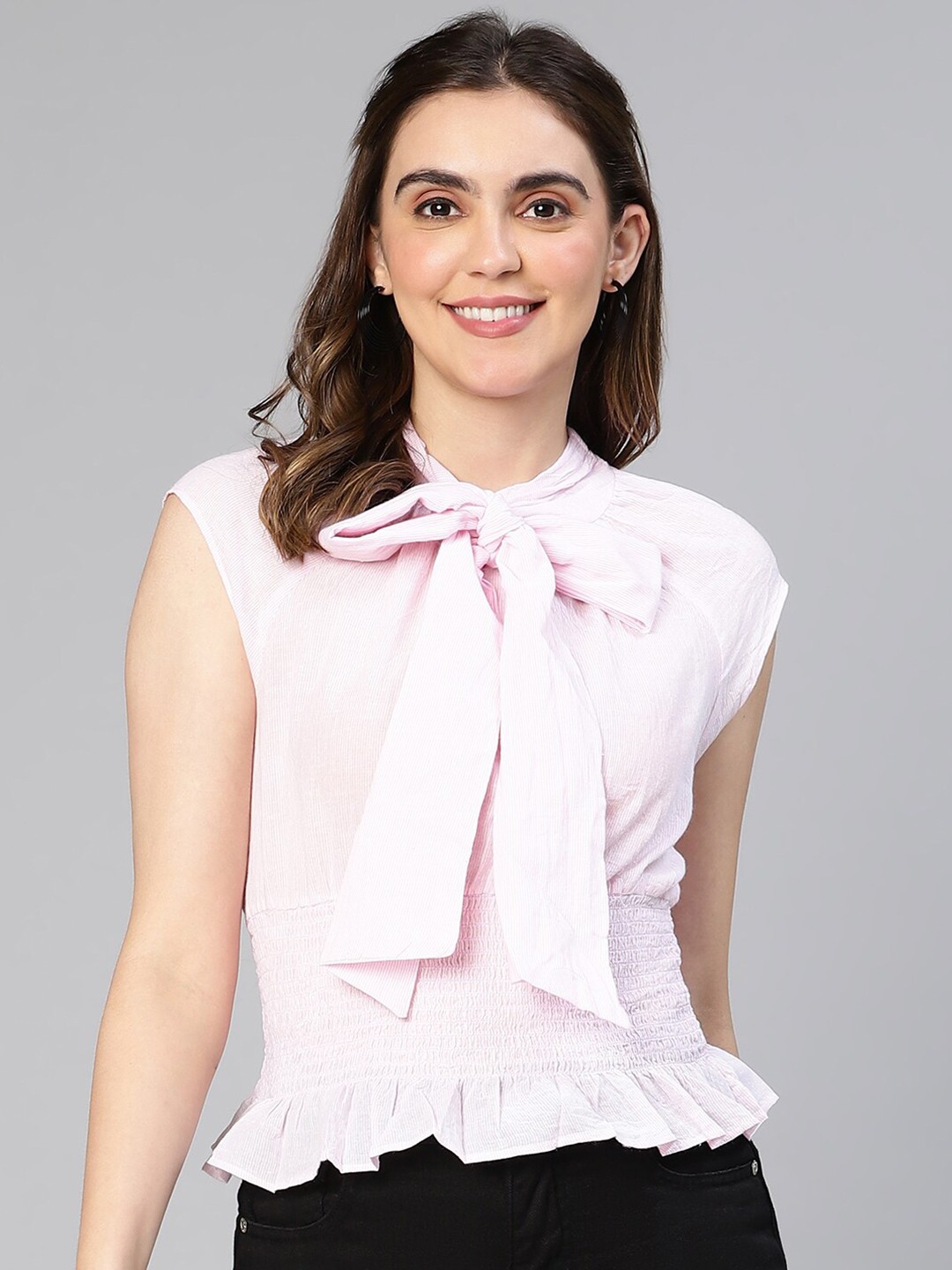 

Oxolloxo Tie-Up Neck Cotton Top, Pink