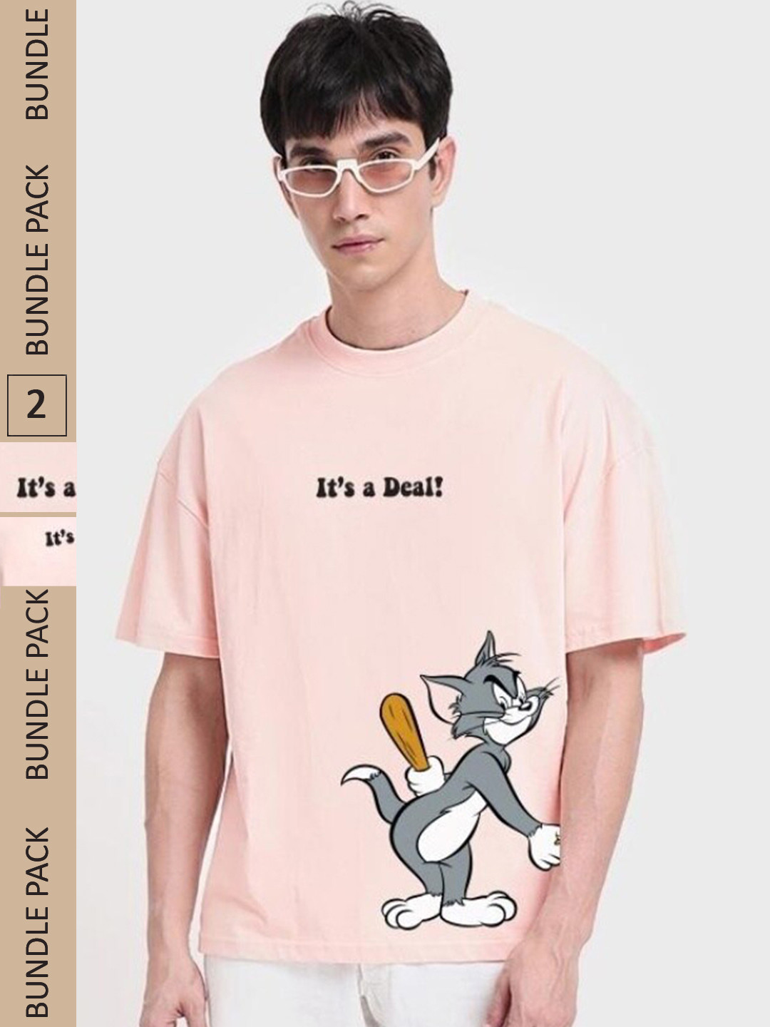 

Bewakoof Pack Of 2 Tom & Jerry Printed Drop-Shoulder Cotton Loose T-shirt, Pink