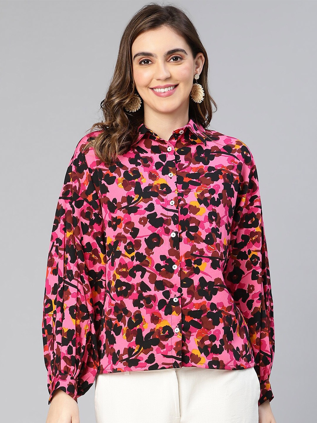 

Oxolloxo Spread Collar Floral Printed Satin Casual Shirt, Pink