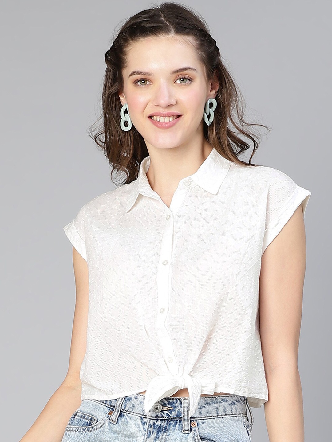 

Oxolloxo Ethnic Motifs Printed Cotton Boxy Shirt Style Top, White