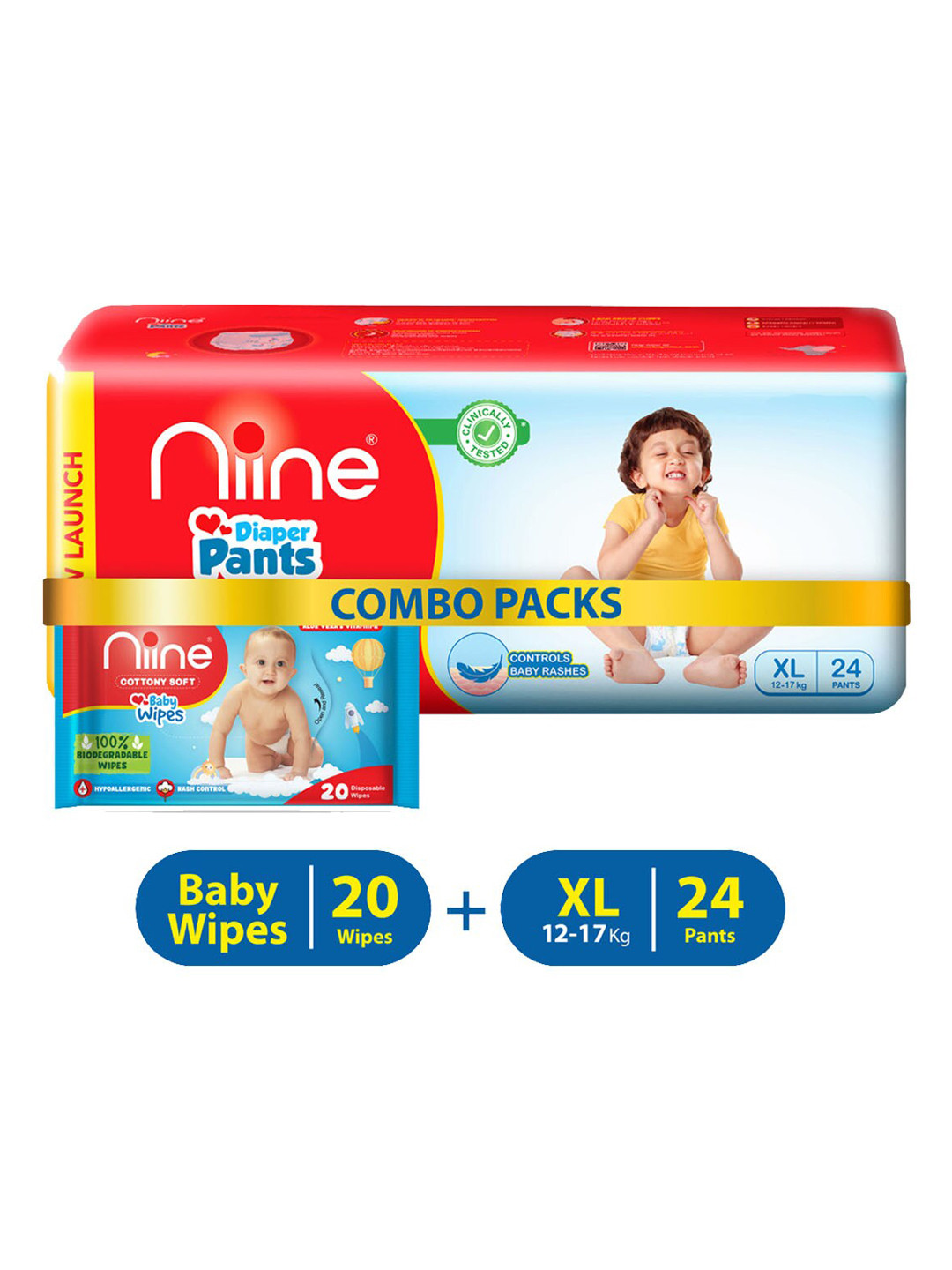 

Niine Set of Extra Large Baby Diaper Pants - 24 Pcs With Biodegradable Baby Wipes - 20 Pcs, White