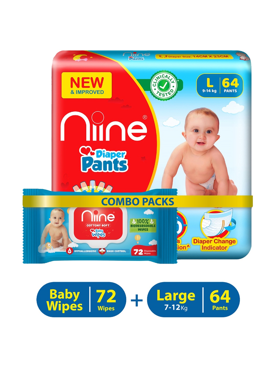 

Niine Set of Baby Diaper Pants Large - 64 Pcs & Baby Wipes - 72 Pcs, Red