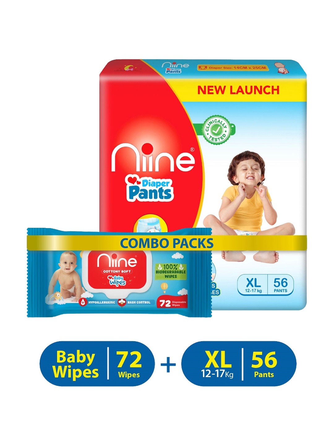 

Niine Set of Baby Diaper Pants XL - 56 Pcs & Baby Wipes - 72 Pcs, White