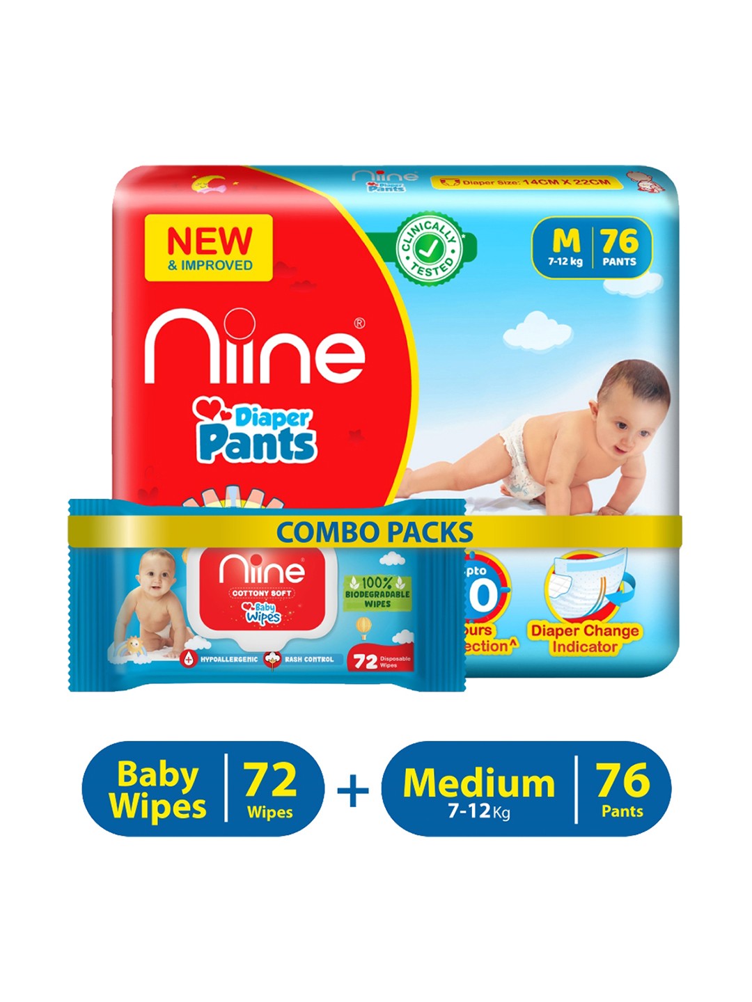 

Niine Kids Medium Size Diaper Pants - 76 Pants with 72 Wipes, Blue