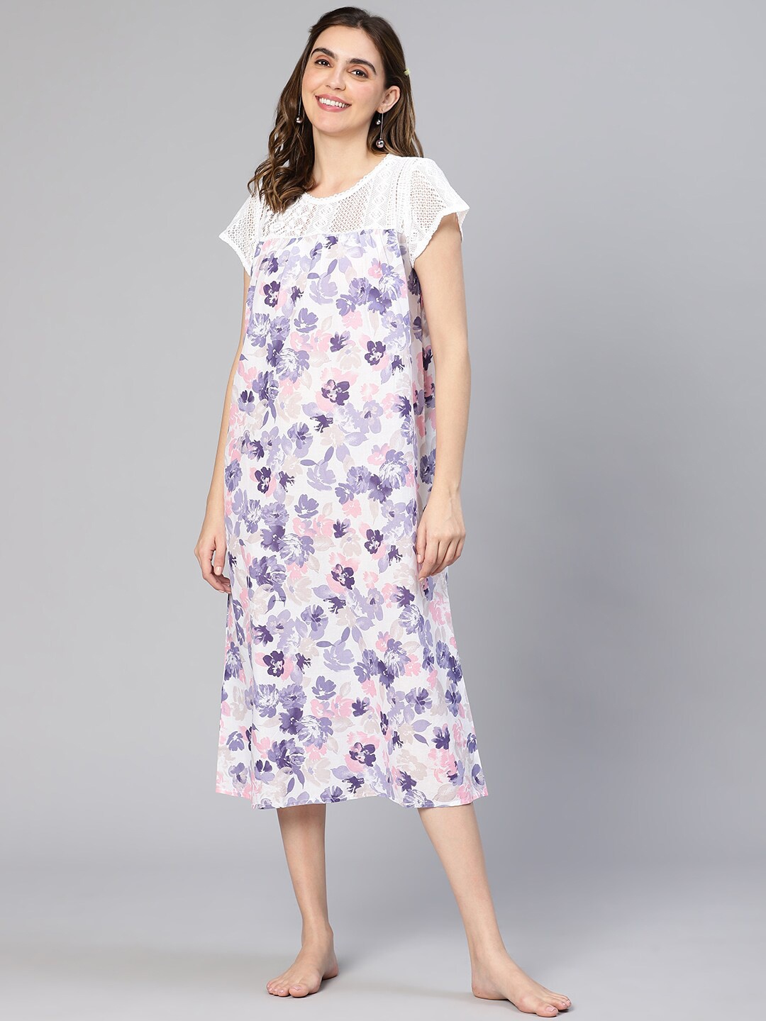 

Oxolloxo Floral Printed Pure Cotton Laced Maxi Nightdress, White