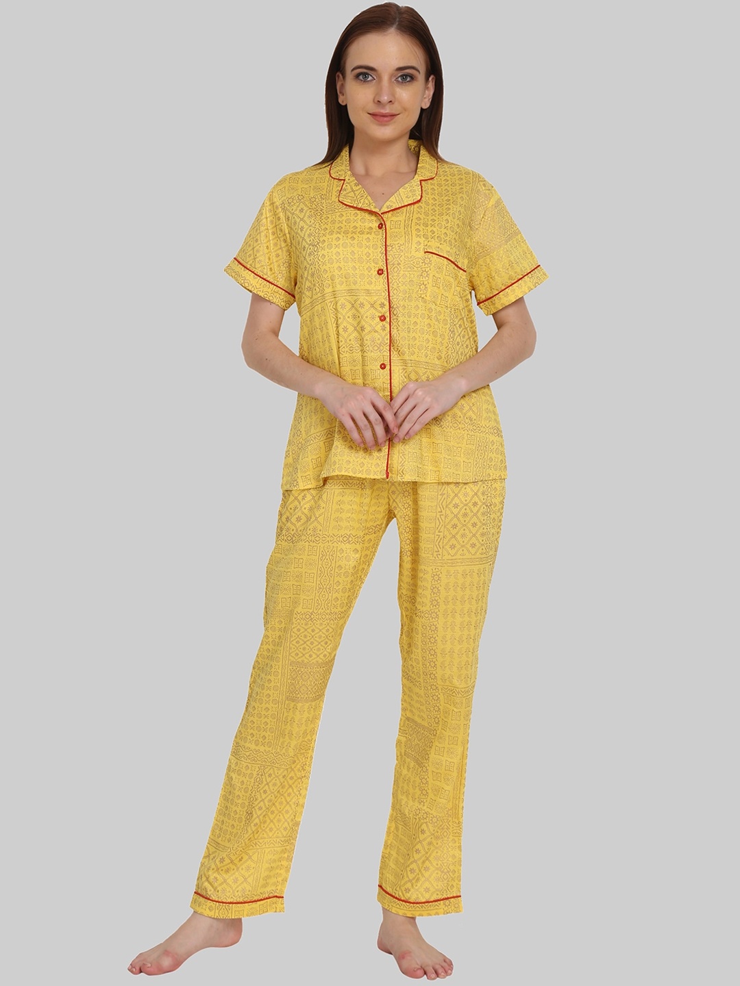 

HERE&NOW Ethnic Motifs Printed Night Suit, Yellow