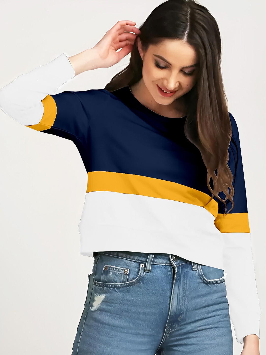 

AUSK Colourblocked Round Neck Cotton T-shirt, Navy blue