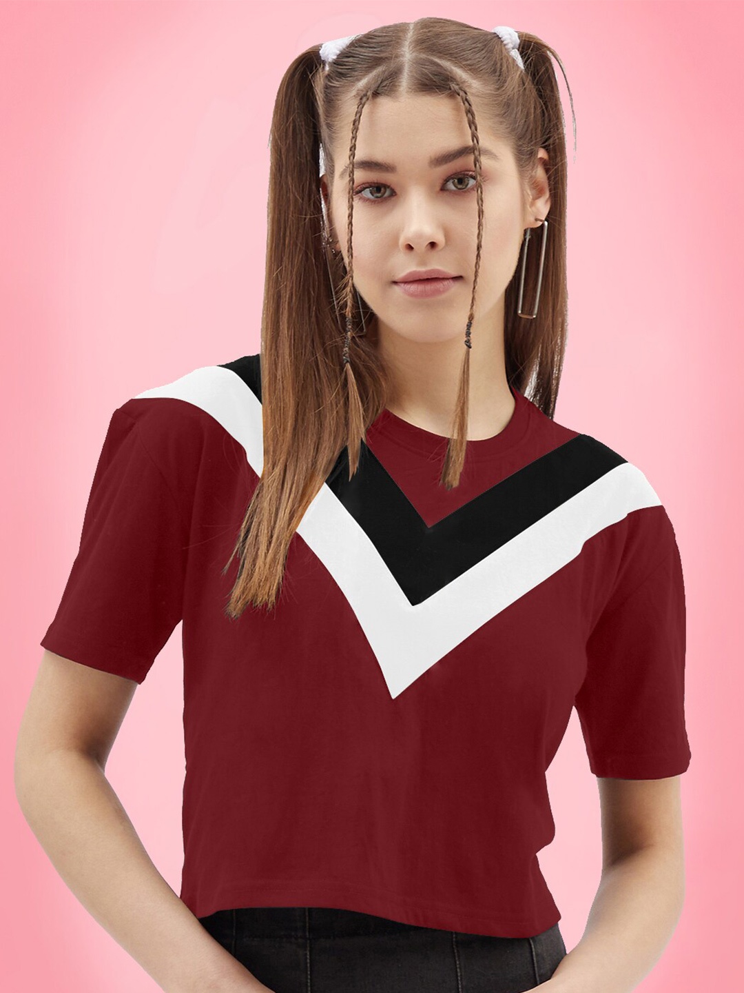 

AUSK Striped Round Neck Cotton T-shirt, Maroon
