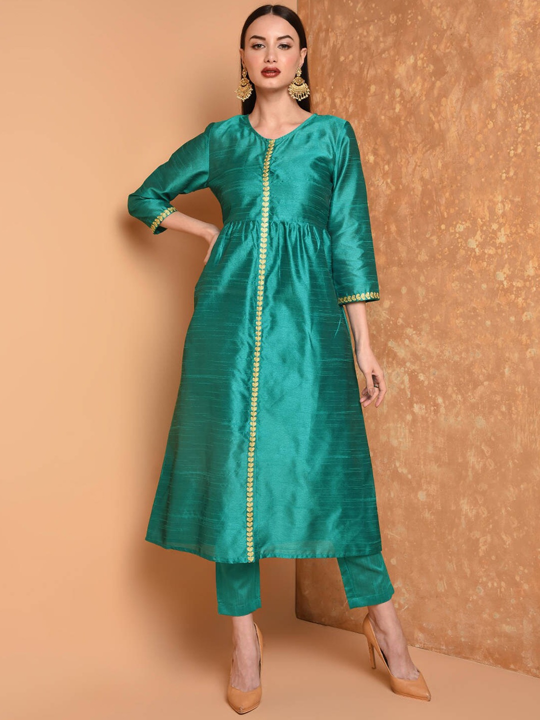 

KAANCHIE NANGGIA Ethnic Motif Embroidered Thread Work A-Line Kurta With Trousers, Teal