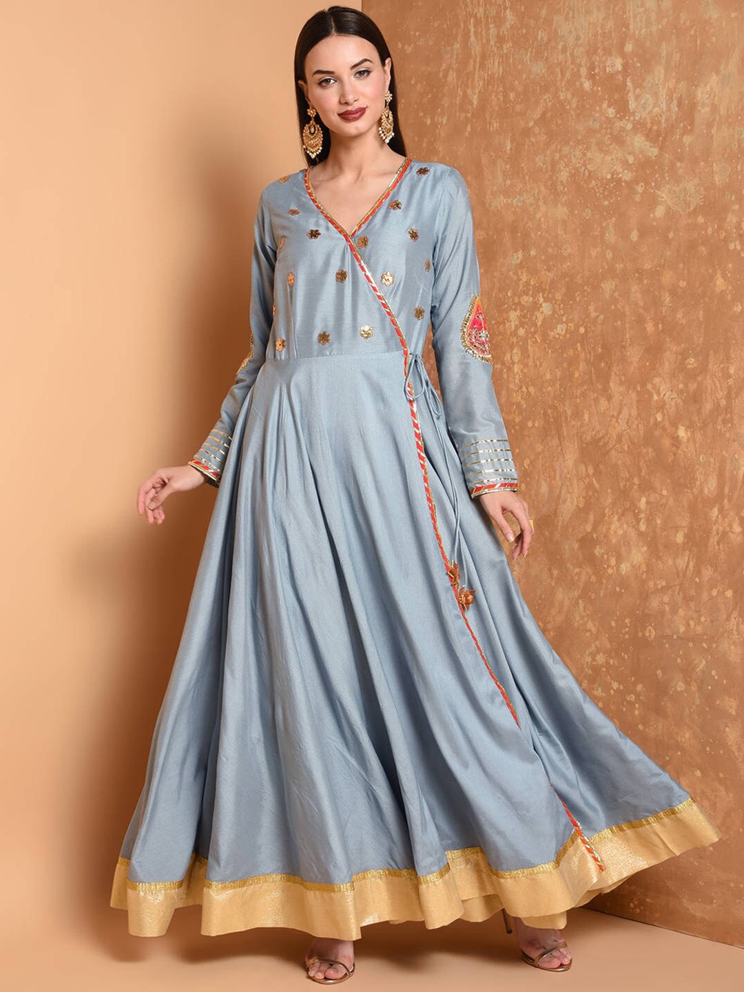 

KAANCHIE NANGGIA Embroidered Tie Up Details Silk Wrap Ethnic Dress, Grey
