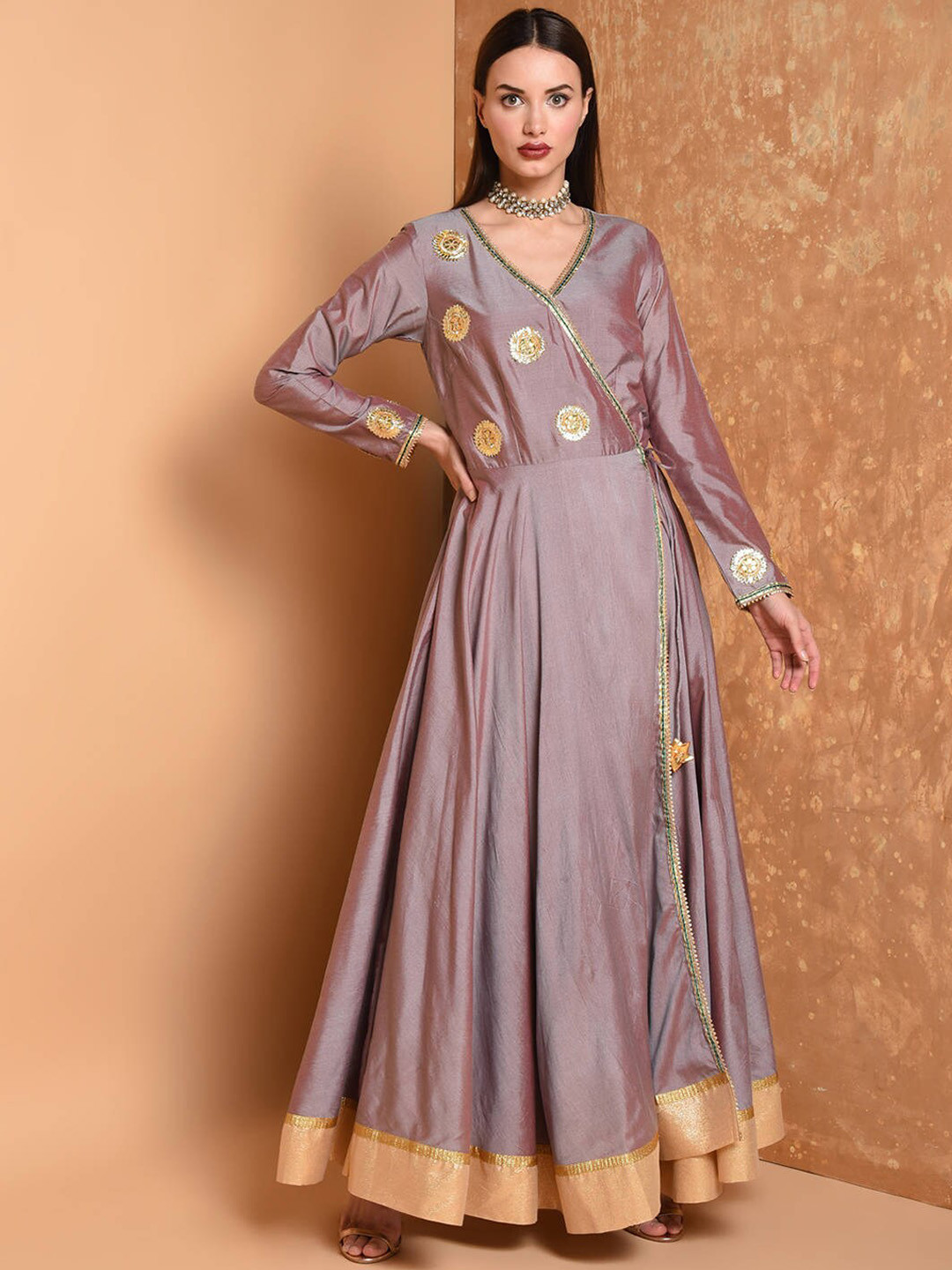 

KAANCHIE NANGGIA Embroidered Tie Up Details Silk Wrap Ethnic Dress, Purple