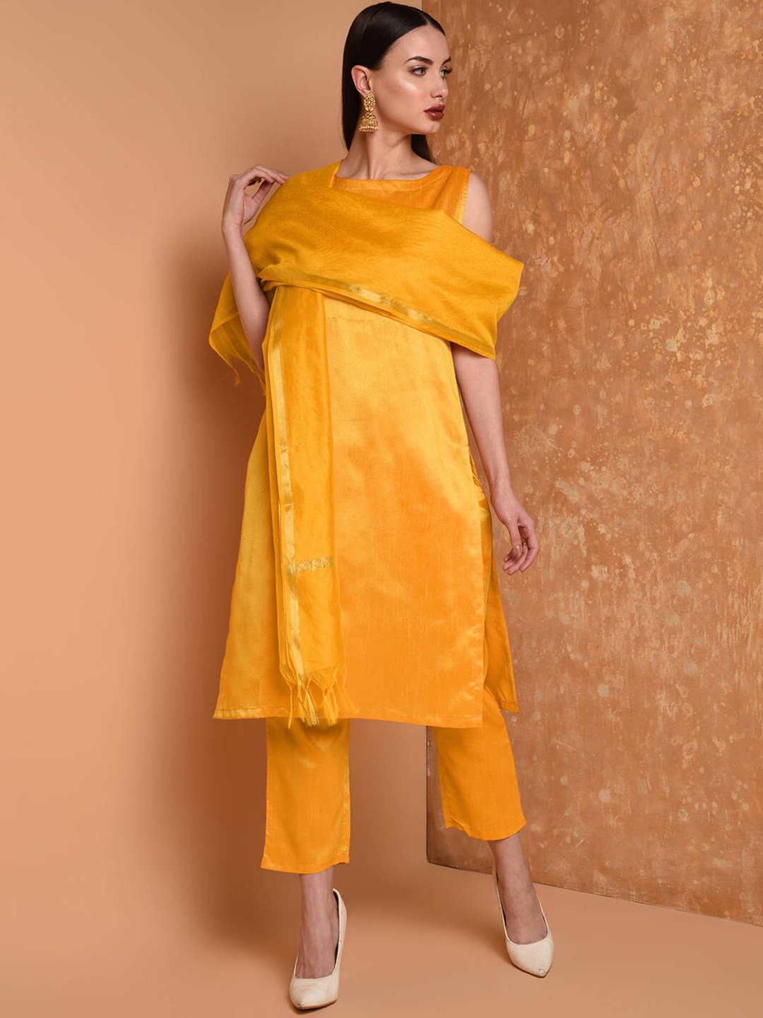 

KAANCHIE NANGGIA Sleeveless Kurta with Palazzos & Dupatta, Mustard