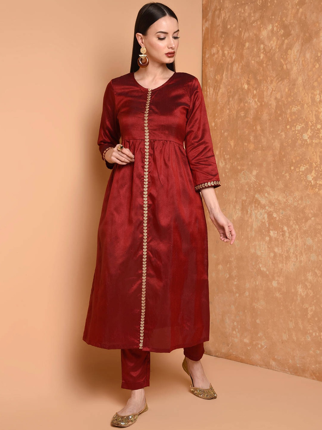 

Kaanchie Nanggia Embroidered Round Neck Pleated A-Line Kurta With Trousers, Maroon
