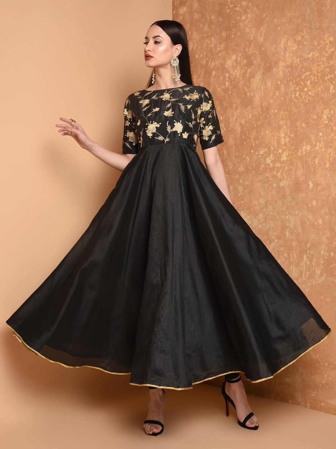 

KAANCHIE NANGGIA Floral Embroidered Silk Fit & Flare Ethnic Dress, Black