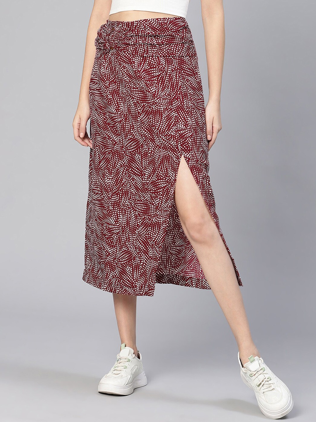 

Oxolloxo Geometric Print A-line Midi Slit Skirt, Maroon