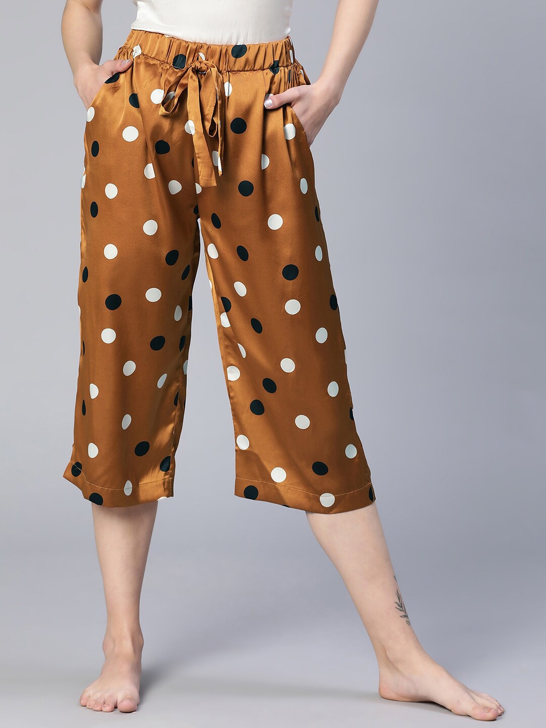 Oxolloxo Women Polka Dot Printed Mid Rise Satin Elasticated Lounge Pants, Brown