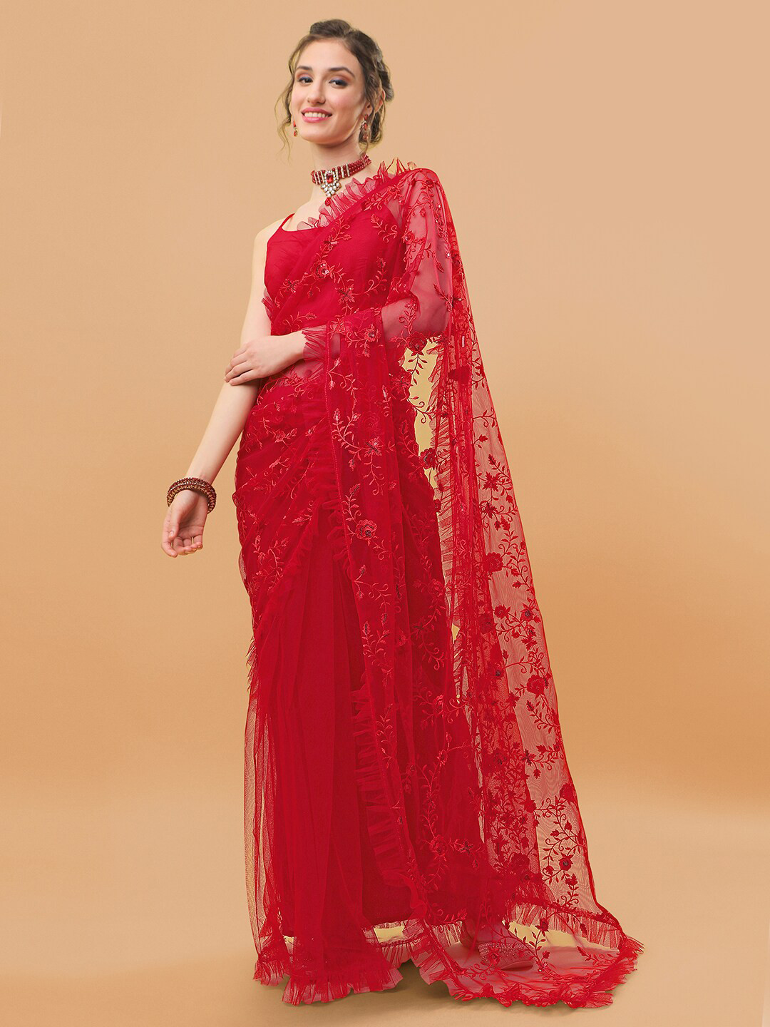

Sangria Floral Embroidered Ruffled Net Saree, Red
