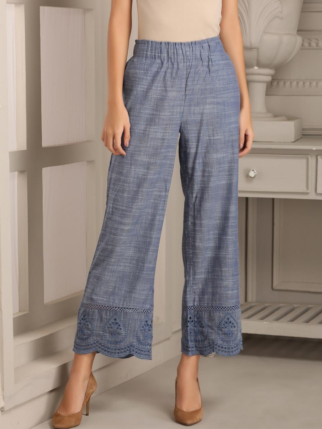

Lakshita Women Scallop Hem Design Cotton Palazzo, Blue