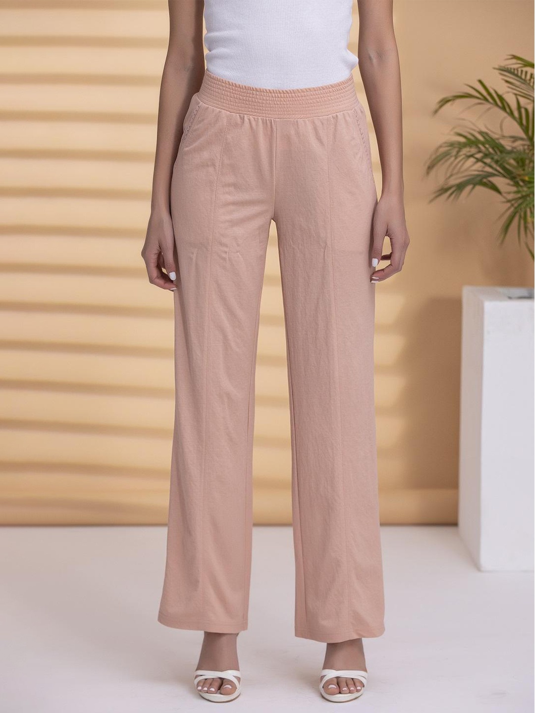 

Lakshita Women Mid-Rise Straight-Fit Trousers, Peach