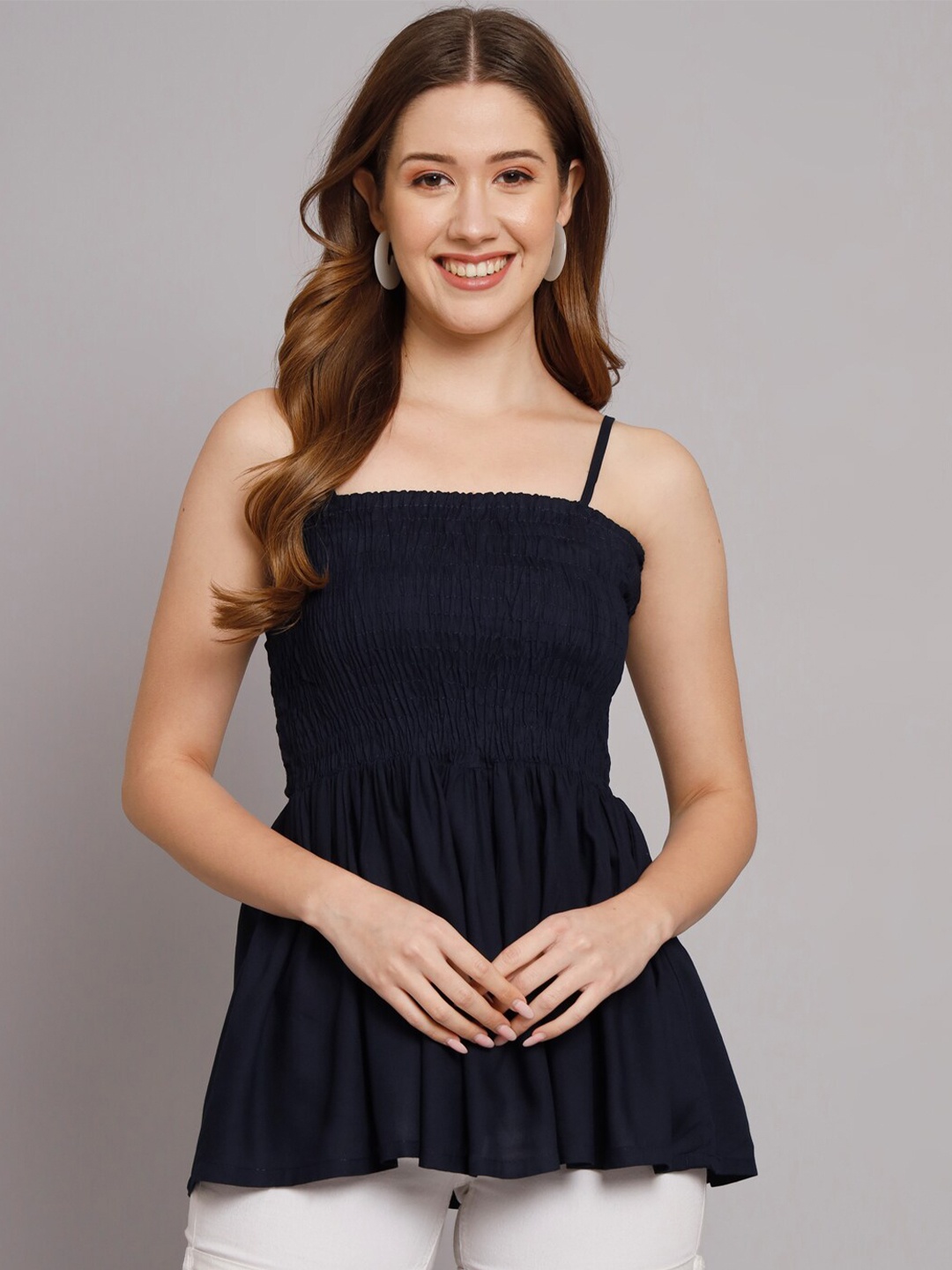 

Vastralay Smocked Empire Longline Top, Navy blue