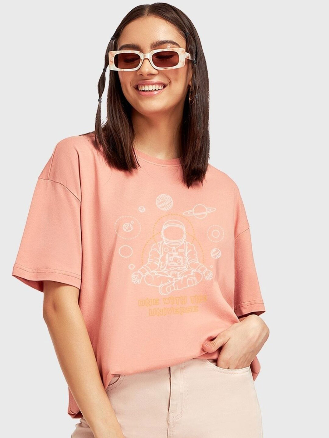 

Bewakoof Graphic Printed Drop-Shoulder Sleeves Cotton Loose T-shirt, Peach