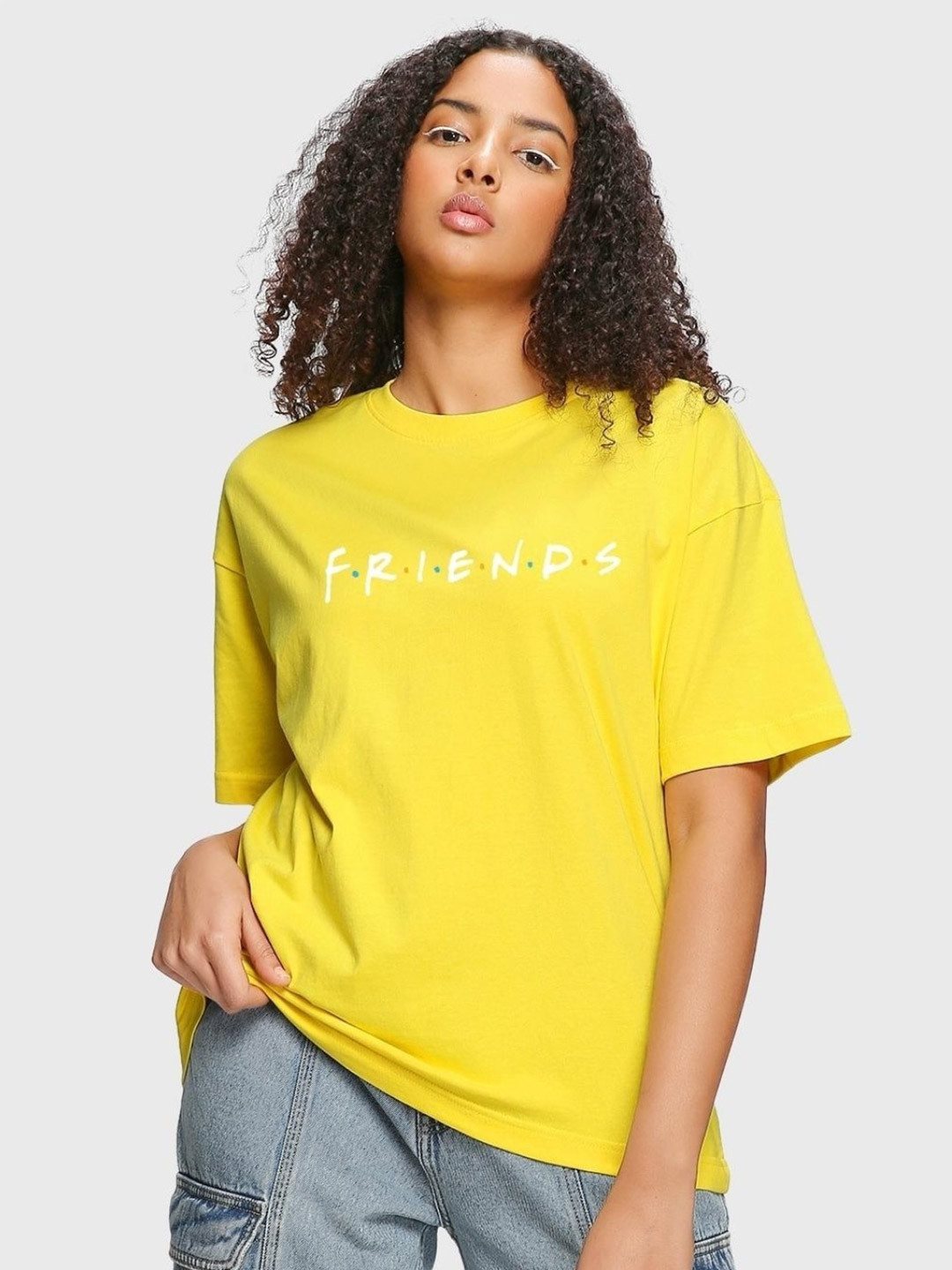

Bewakoof Friends Printed Drop-Shoulder Sleeves Loose Fit T-shirt, Yellow