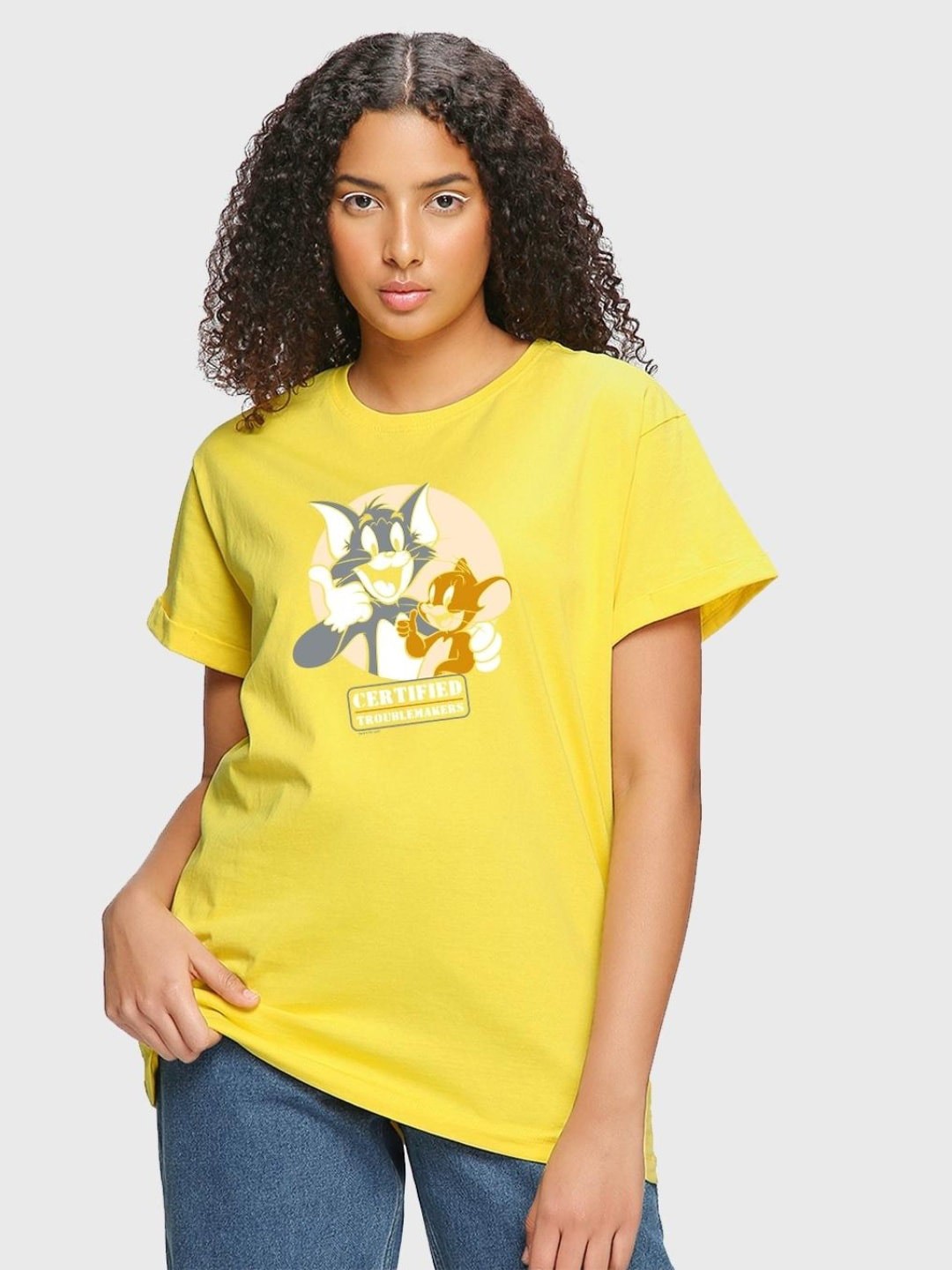 

Bewakoof Tom & Jerry Printed Cotton Loose T-shirt, Yellow
