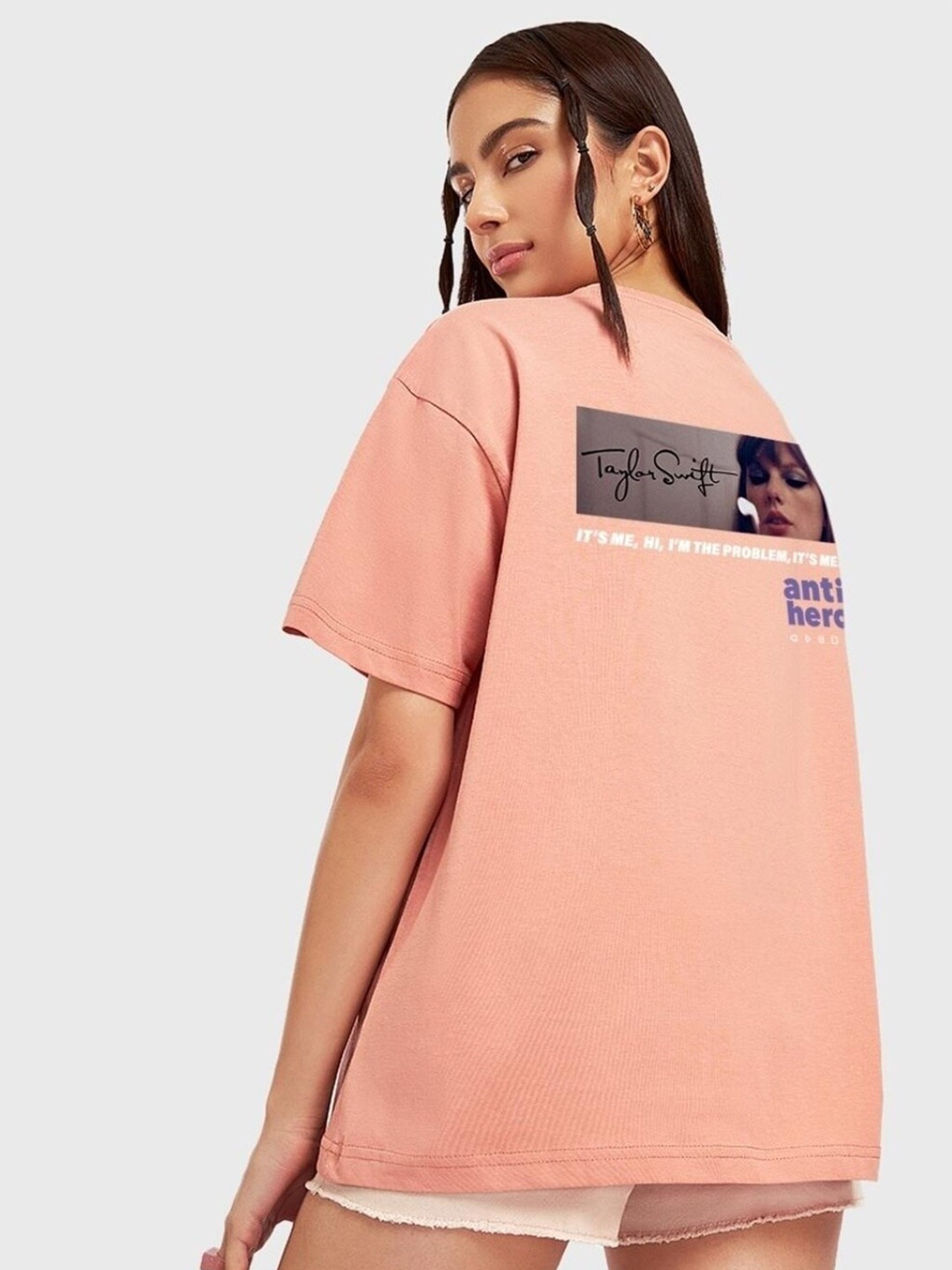 

Bewakoof Peach-coloured Typography Printed Drop-Shoulder Sleeves Loose Fit Cotton T-shirt