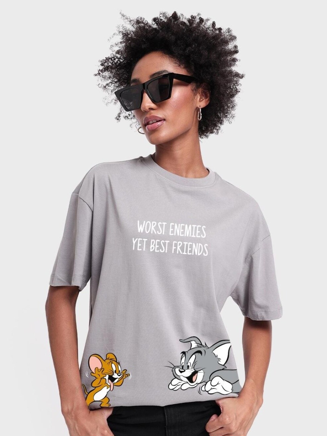 

Bewakoof Grey Tom & Jerry Typography Printed Loose Fit Cotton T-shirt