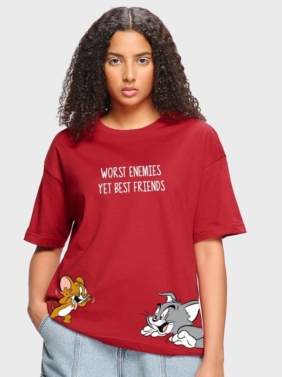 

Bewakoof Tom & Jerry Printed Loose Fit Cotton T-shirt, Red