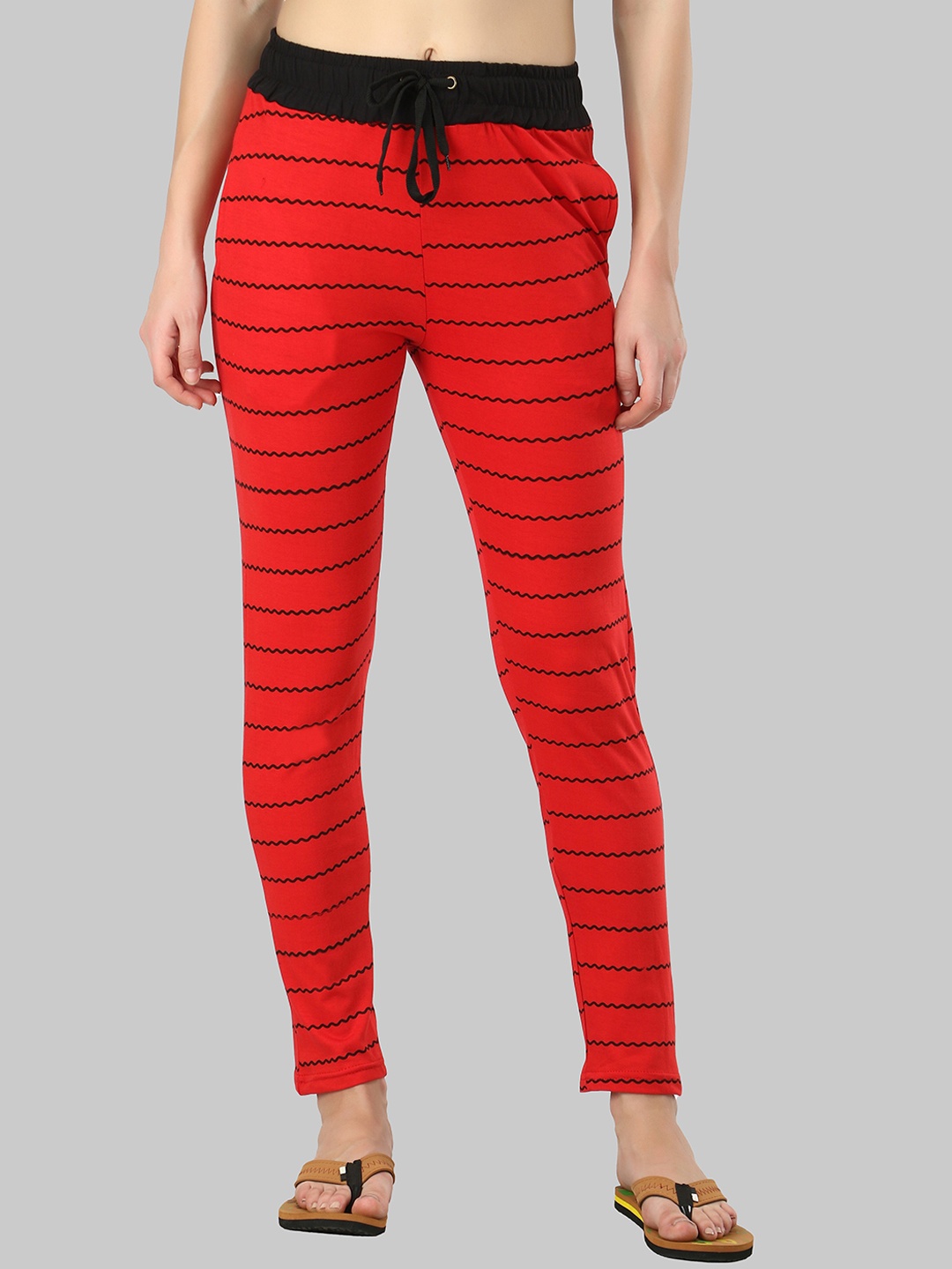 

DIAZ Women Striped Printed Lounge Pants, Red