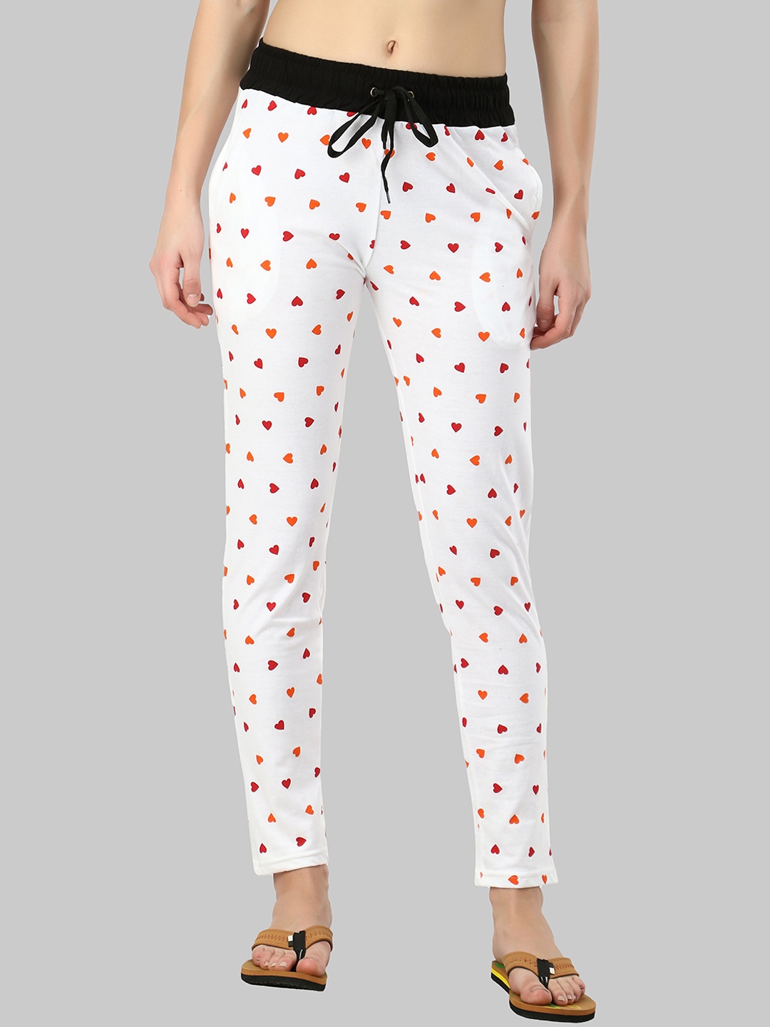 

DIAZ Women Heart Printed Cotton Lounge Pants, White