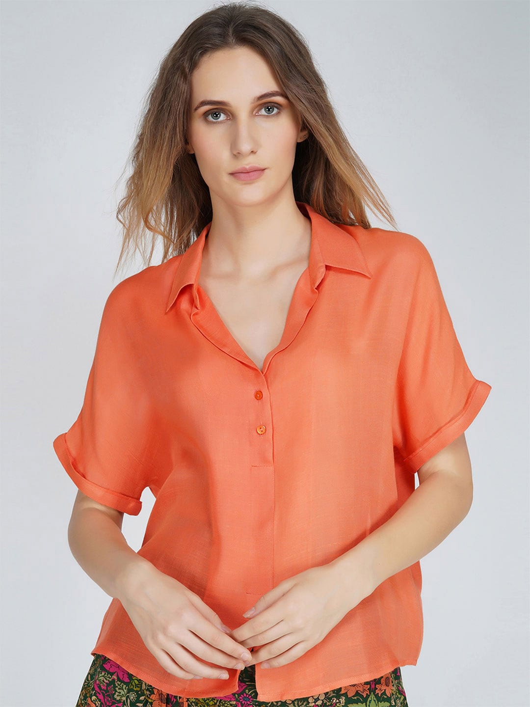 

SHAYE Extended Sleeves Shirt Style Top, Orange