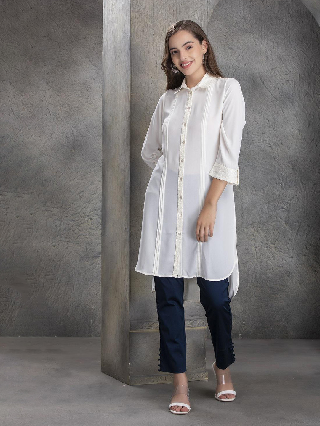 

Lakshita Women Shirt Collar Roll-Ups Sleeves Straight Kurta, White