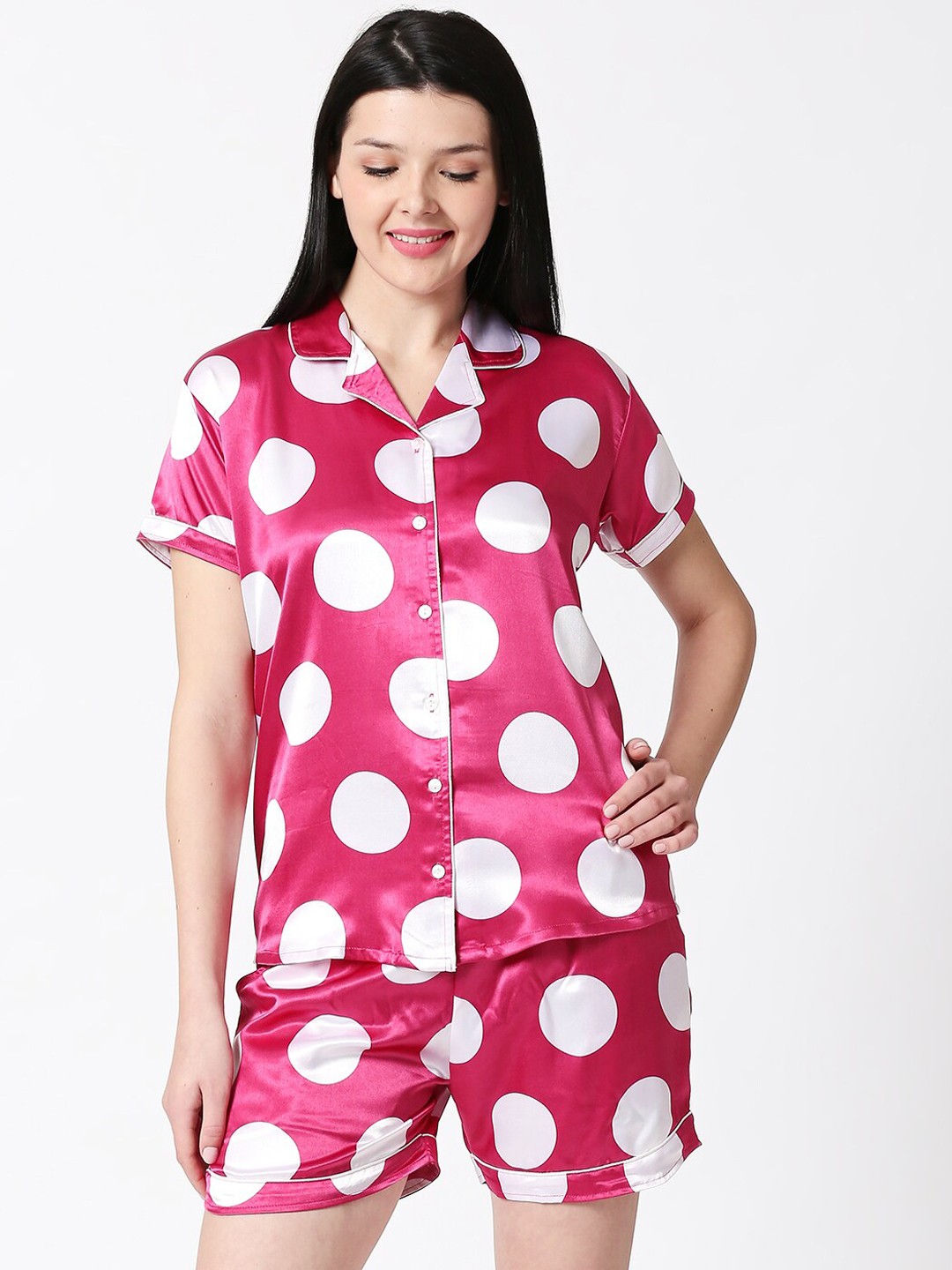 

Zeyo Polka Dots Printed Satin Night Suit, Pink