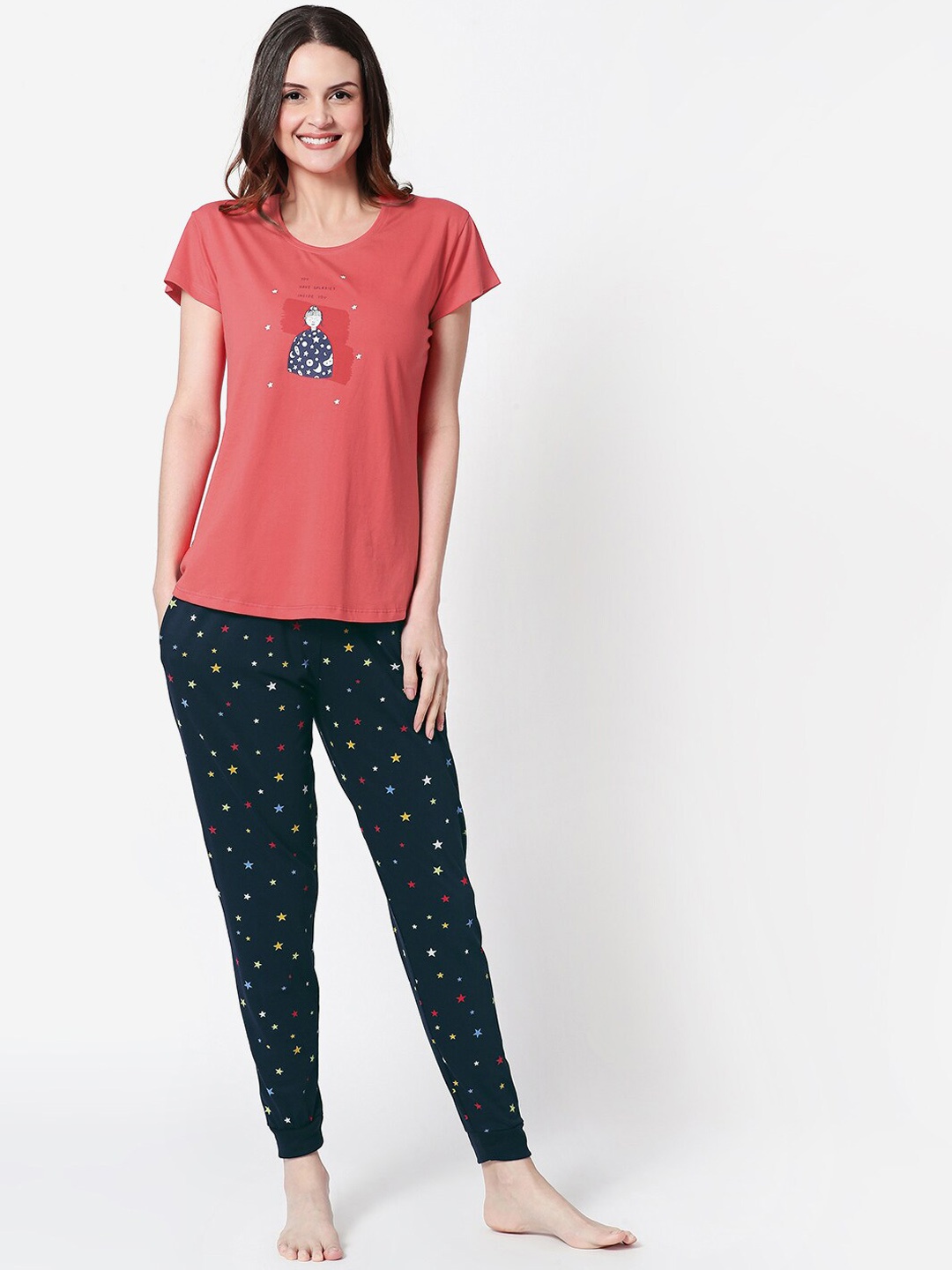 

Zeyo Graphic Printed Pure Cotton Night Suit, Red