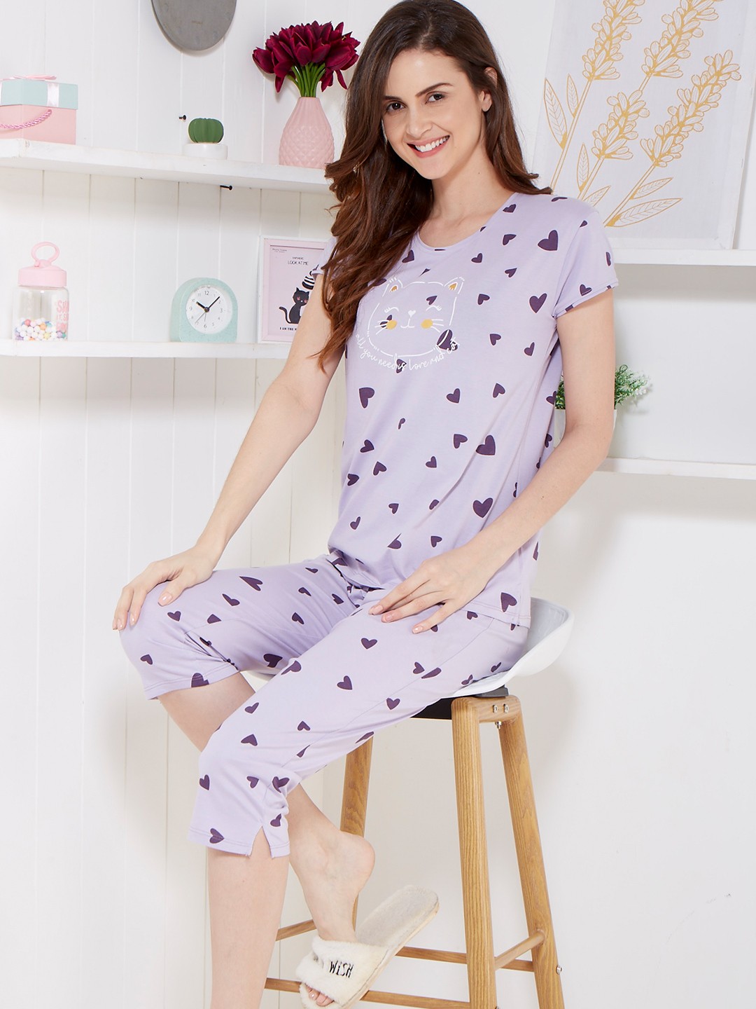 

Zeyo Conversational Printed Pure Cotton Night Suit, Purple