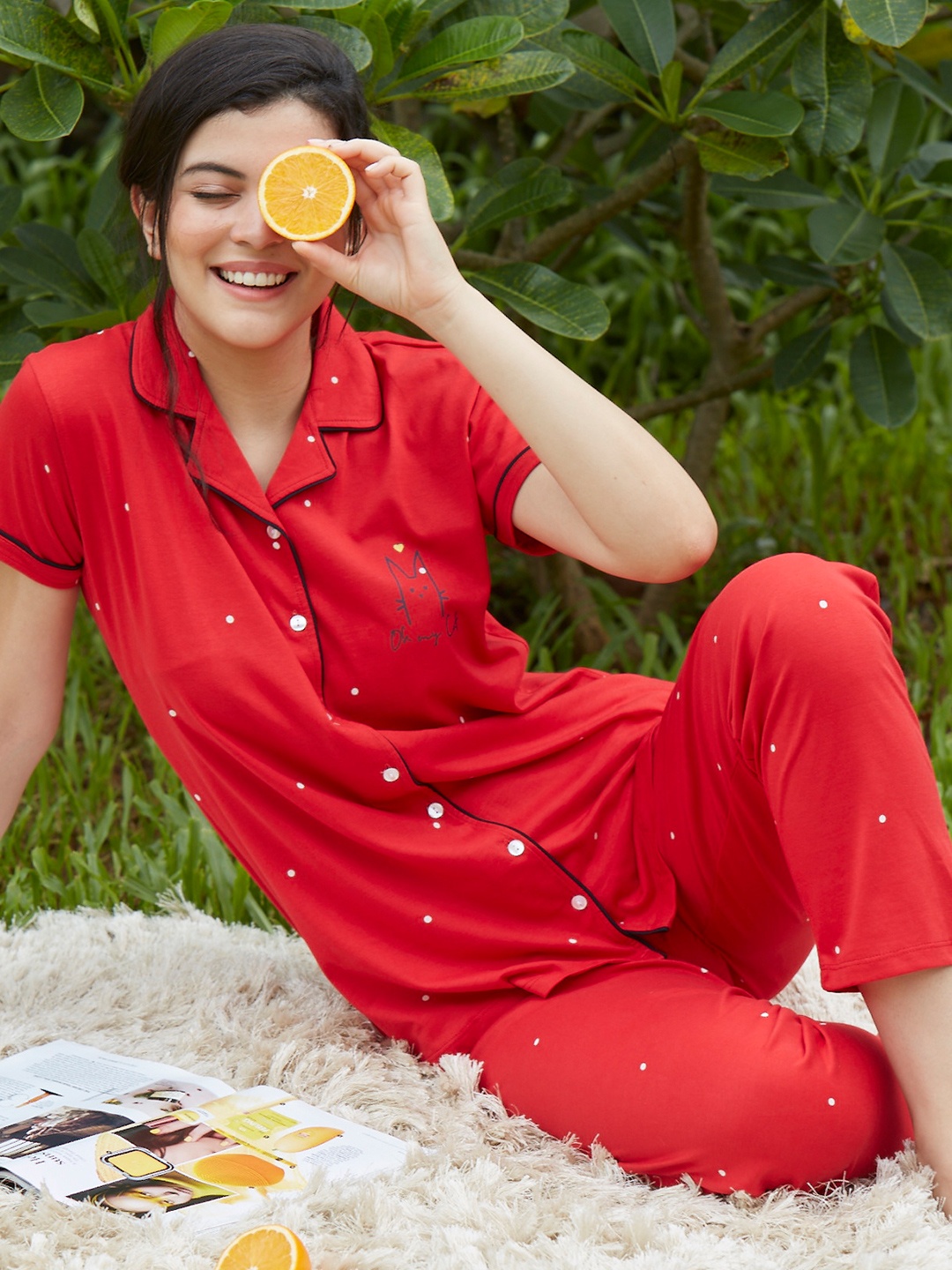 

Zeyo Polka Dots Printed Pure Cotton Night Suit, Red