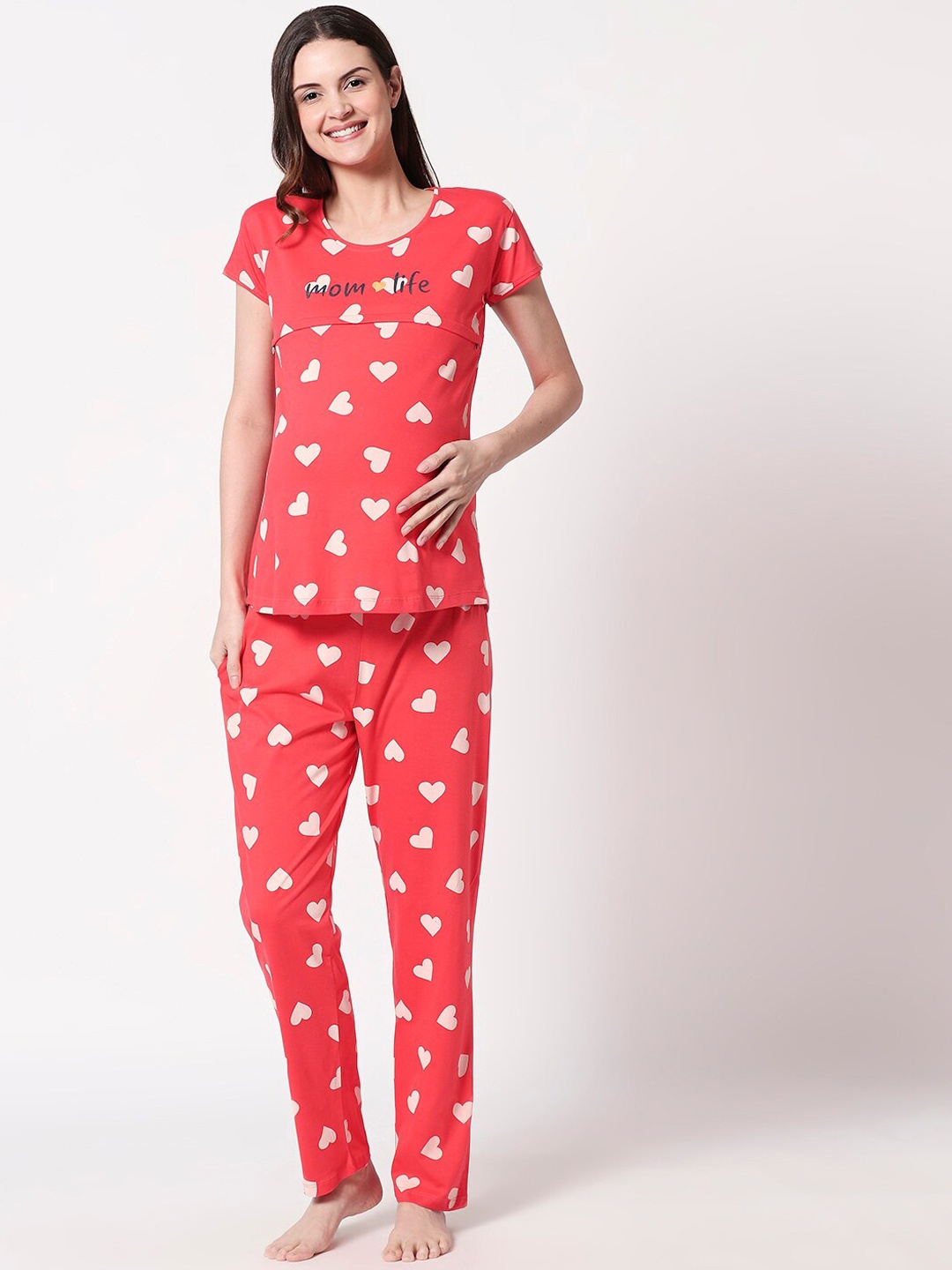 

Zeyo Conversational Printed Maternity Pure Cotton Night Suit, Red