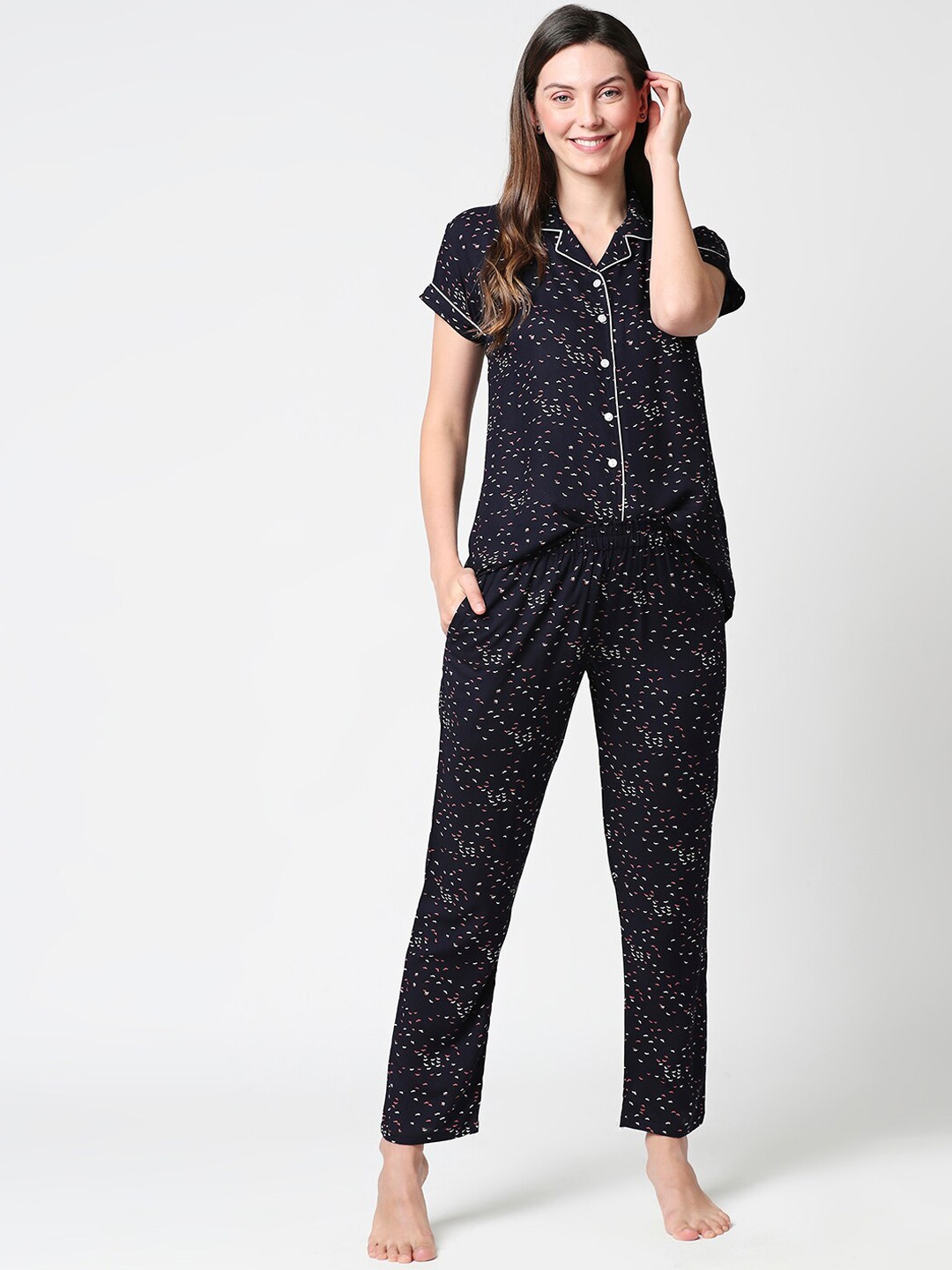 

Zeyo Conversational Printed Night Suit, Navy blue