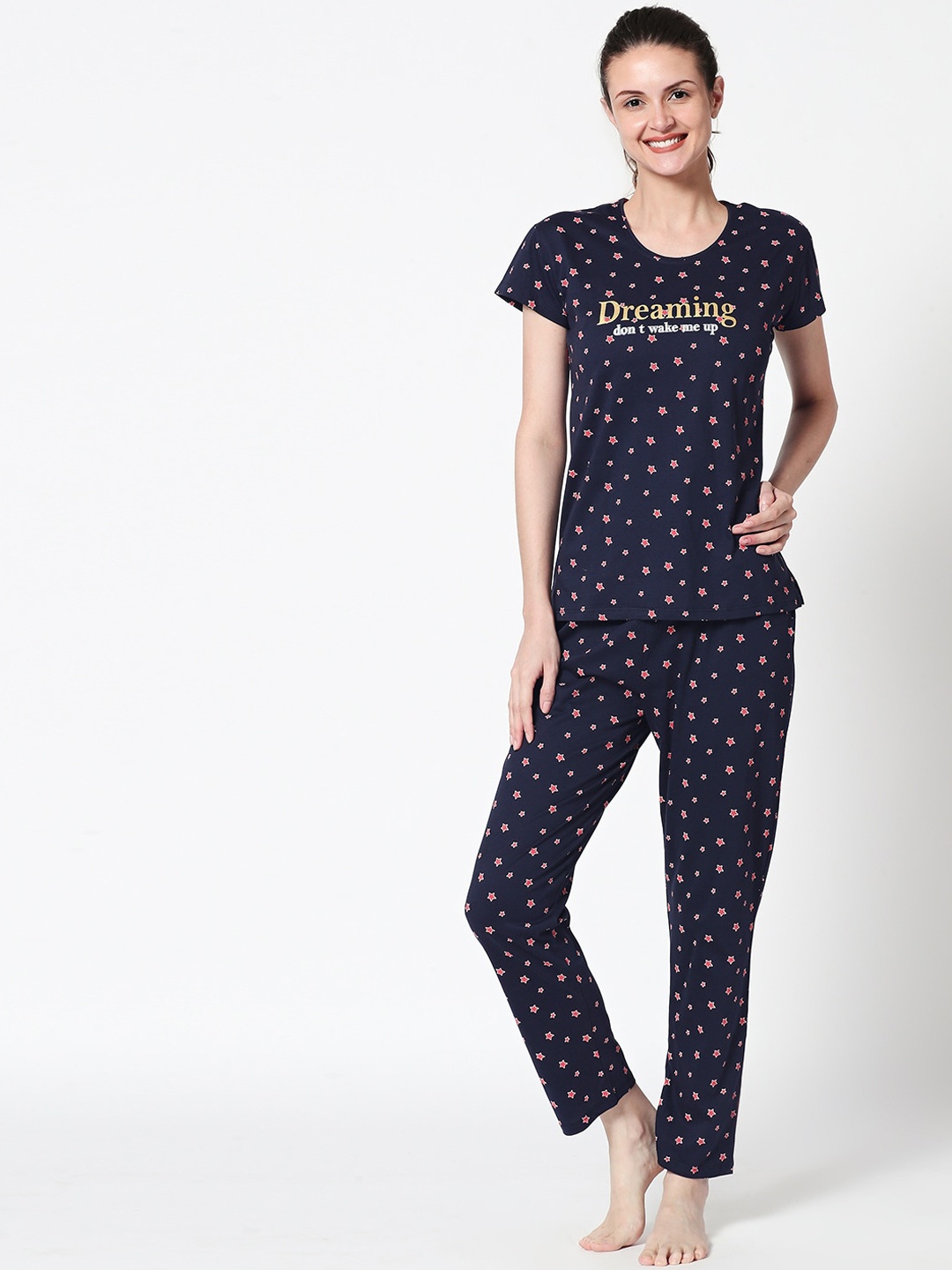 

Zeyo Conversational Printed Pure Cotton Night Suit, Navy blue